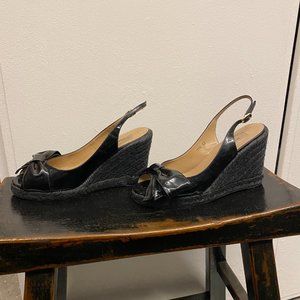 Authentic Valentino Black Patent Leather Espadrille Wedges w/ Bow Sz 37